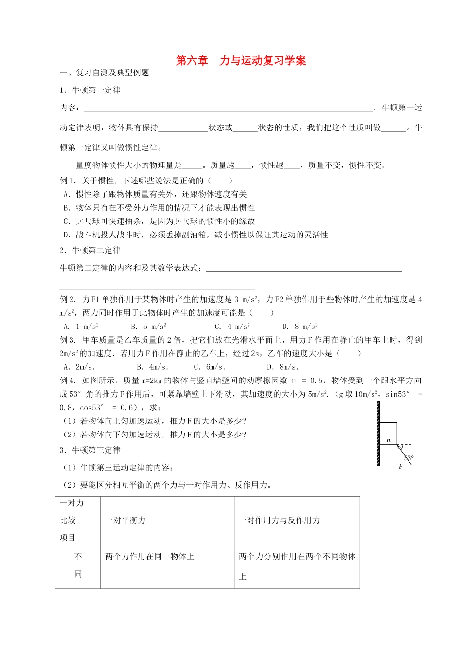 高中物理 第6章 力与运动复习导学案 鲁科版必修1-鲁科版高一必修1物理学案_第1页