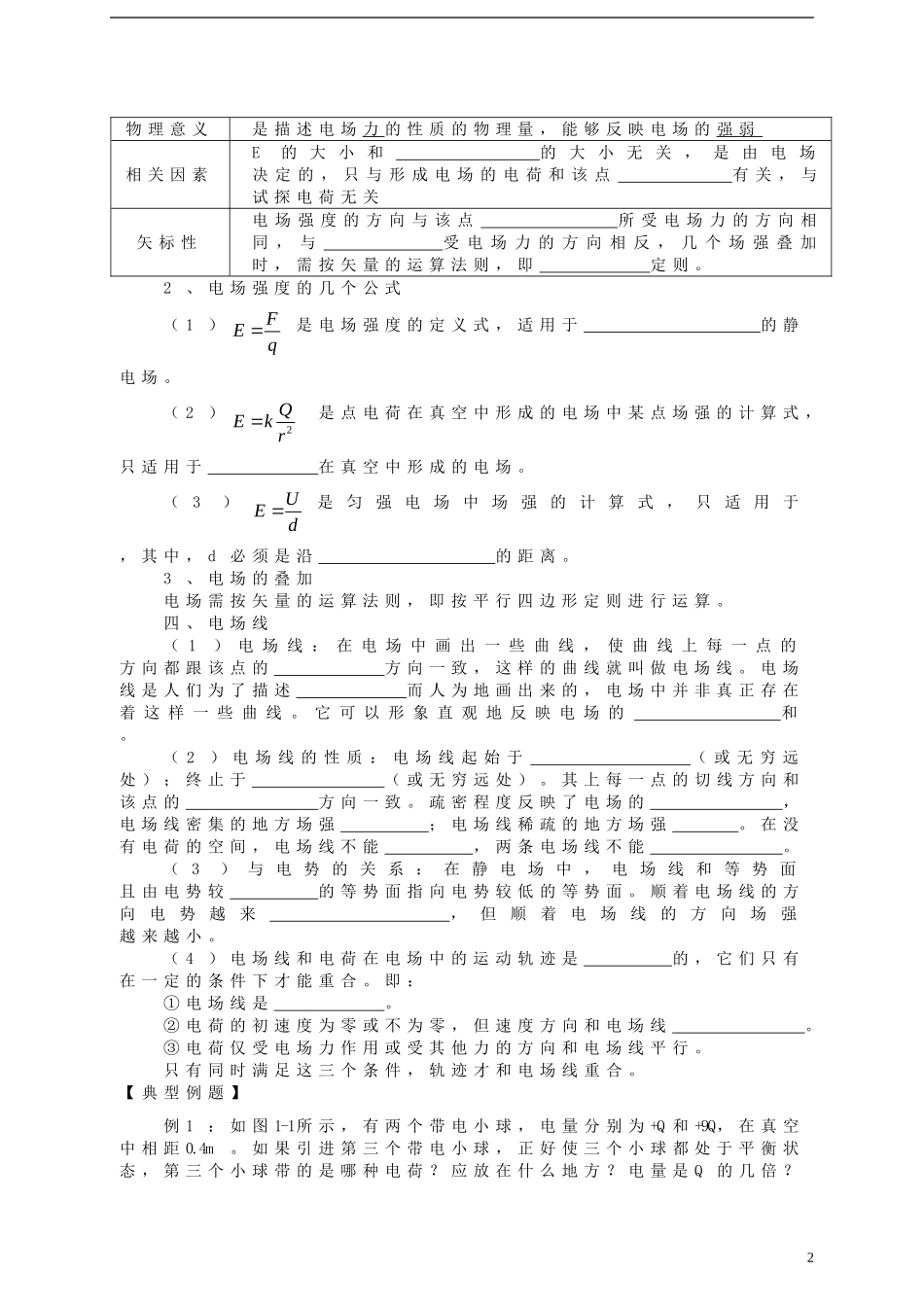 高中物理 电荷及其守恒定律、库仑定律、电场强度复习学案 新人教版选修3-1-新人教版高一选修3-1物理学案_第2页