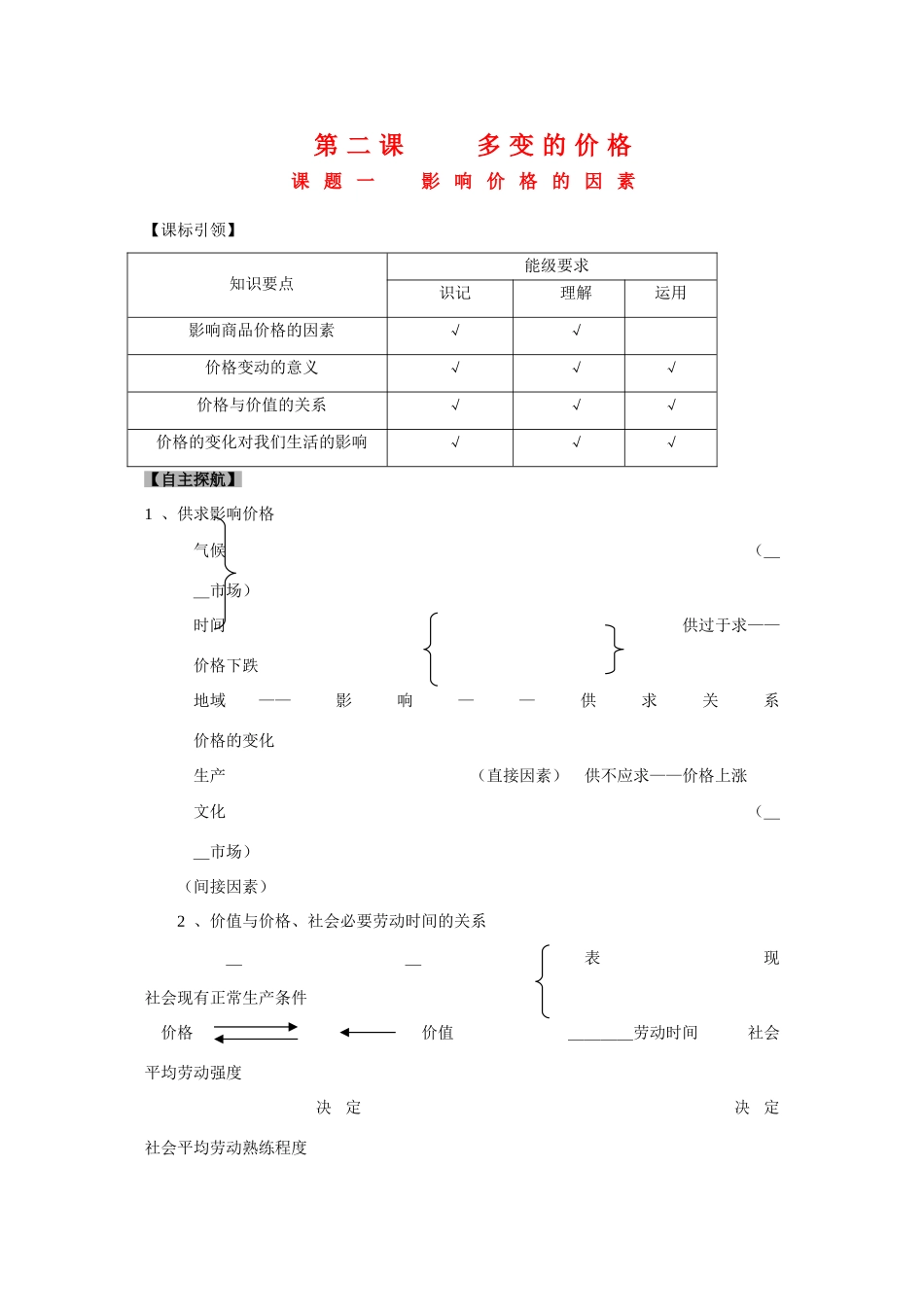 高中政治：第二课第一框《影响价格的因素》学案（新人教版必修1）_第1页