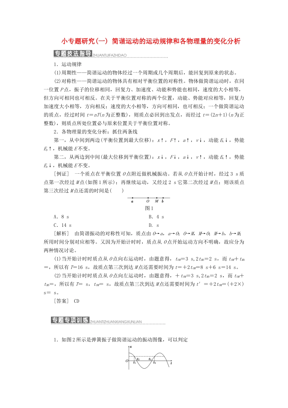高中物理 第一章 机械振动 小专题研究（一）简谐运动的运动规律和各物理量的变化分析教学案 教科版选修3-4-教科版高二选修3-4物理教学案_第1页