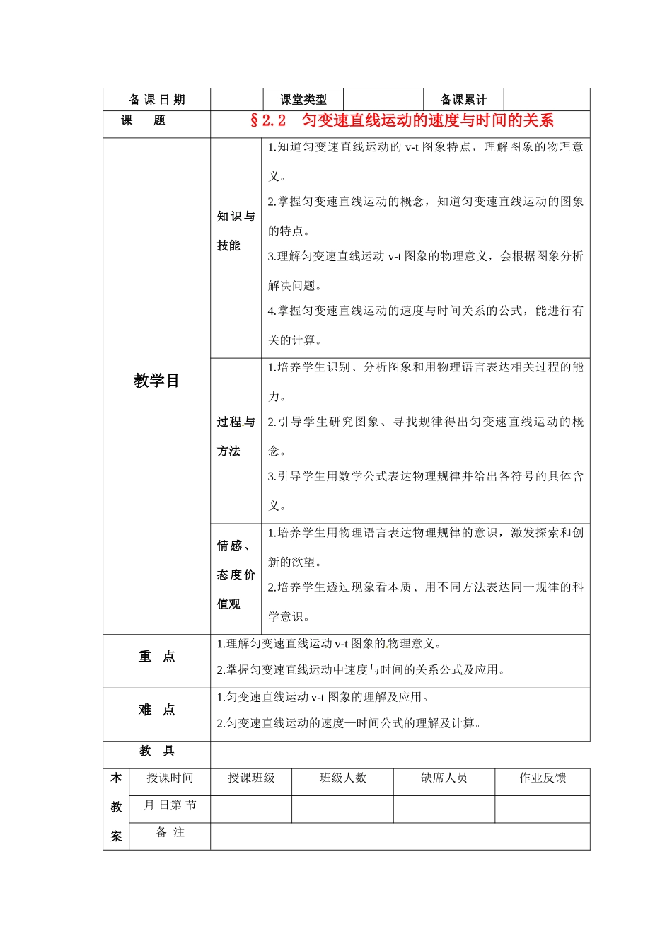 高中物理 匀变速直线运动的速度与时间的关系教案 新人教版必修1_第1页