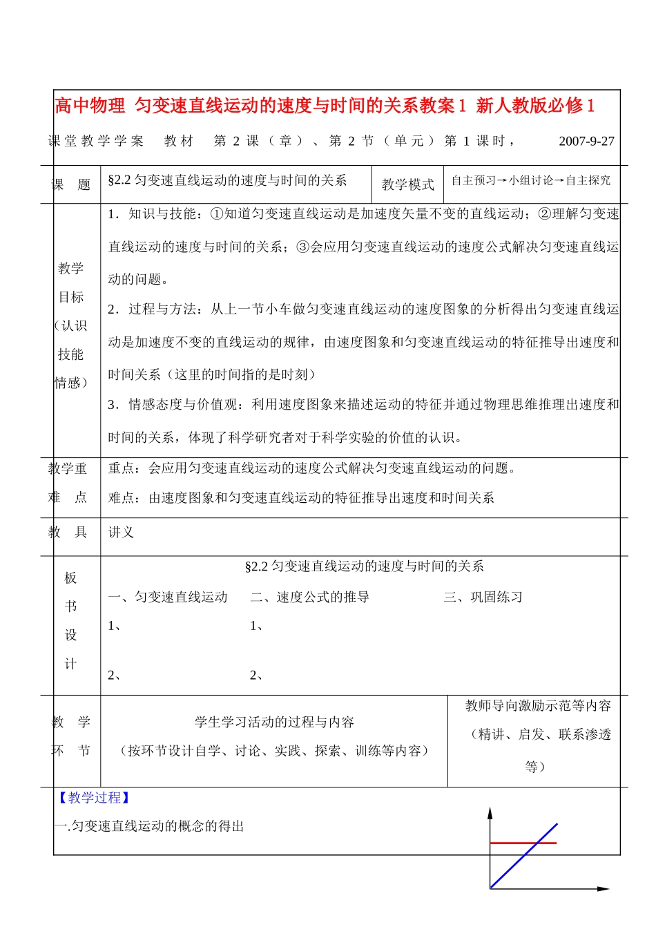 高中物理 匀变速直线运动的速度与时间的关系教案1 新人教版必修1_第1页