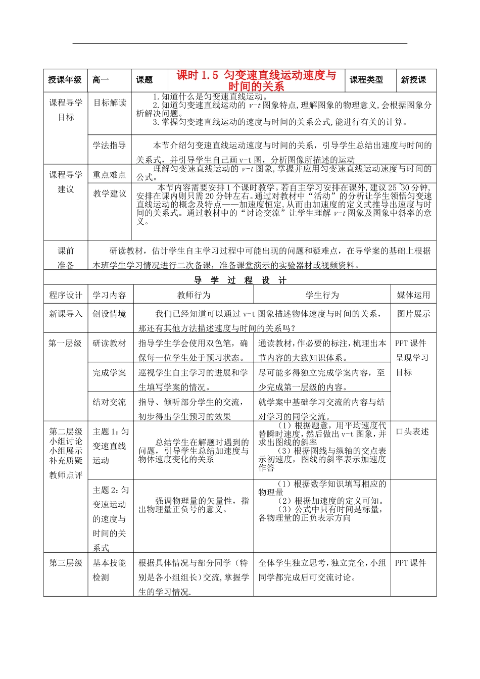 高中物理 第一章 第5节《匀变速直线运动速度与时间的关系》导学案 教科版必修1-教科版高一必修1物理学案_第2页