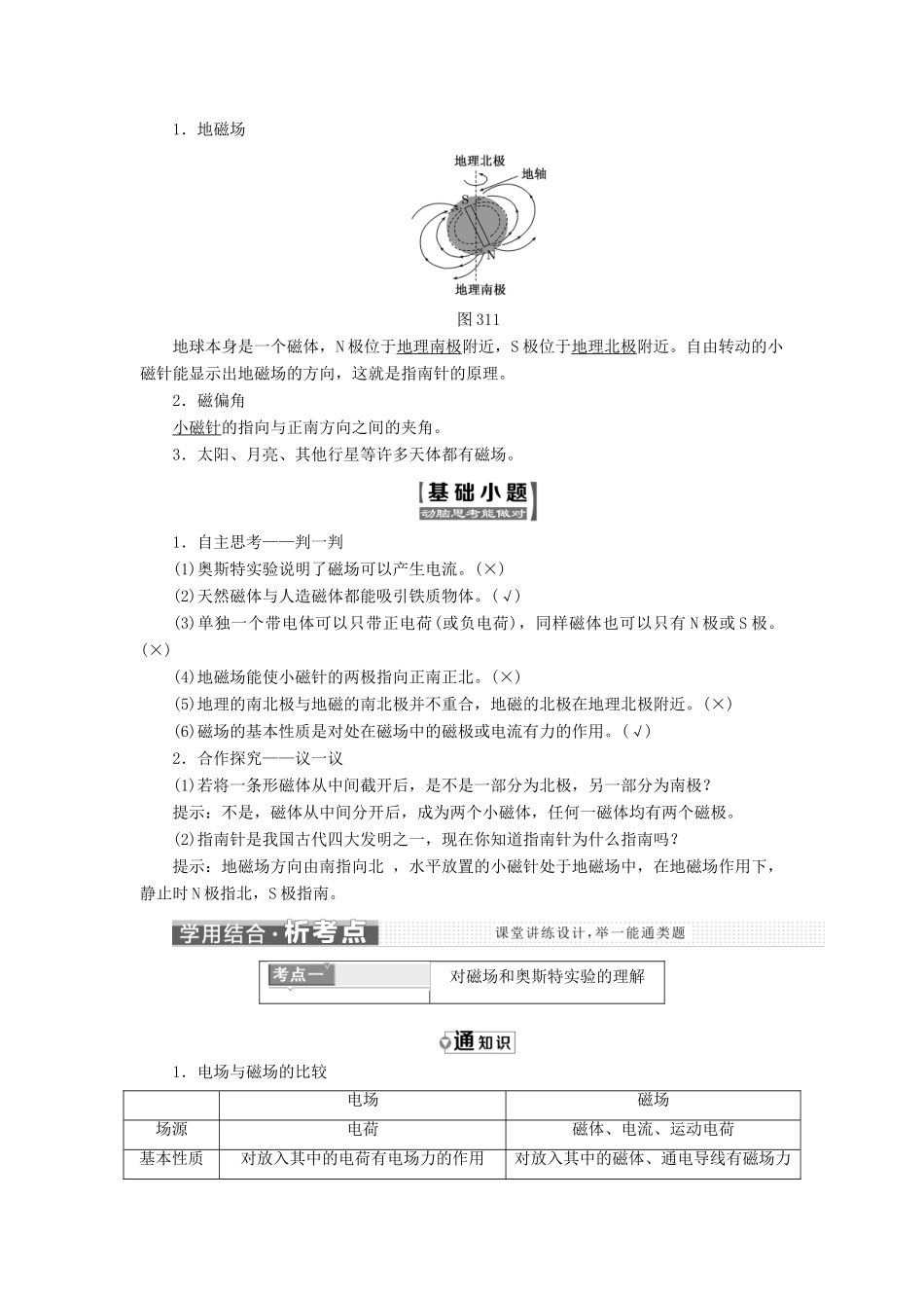 高中物理 第三章 磁场 第1节 磁现象和磁场教学案 新人教版选修3-1-新人教版高二选修3-1物理教学案_第2页