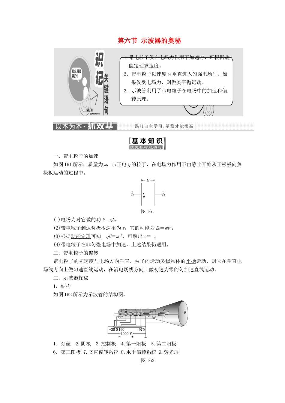 高中物理 第一章 电场 第六节 示波器的奥秘教学案 粤教版选修3-1-粤教版高二选修3-1物理教学案_第1页