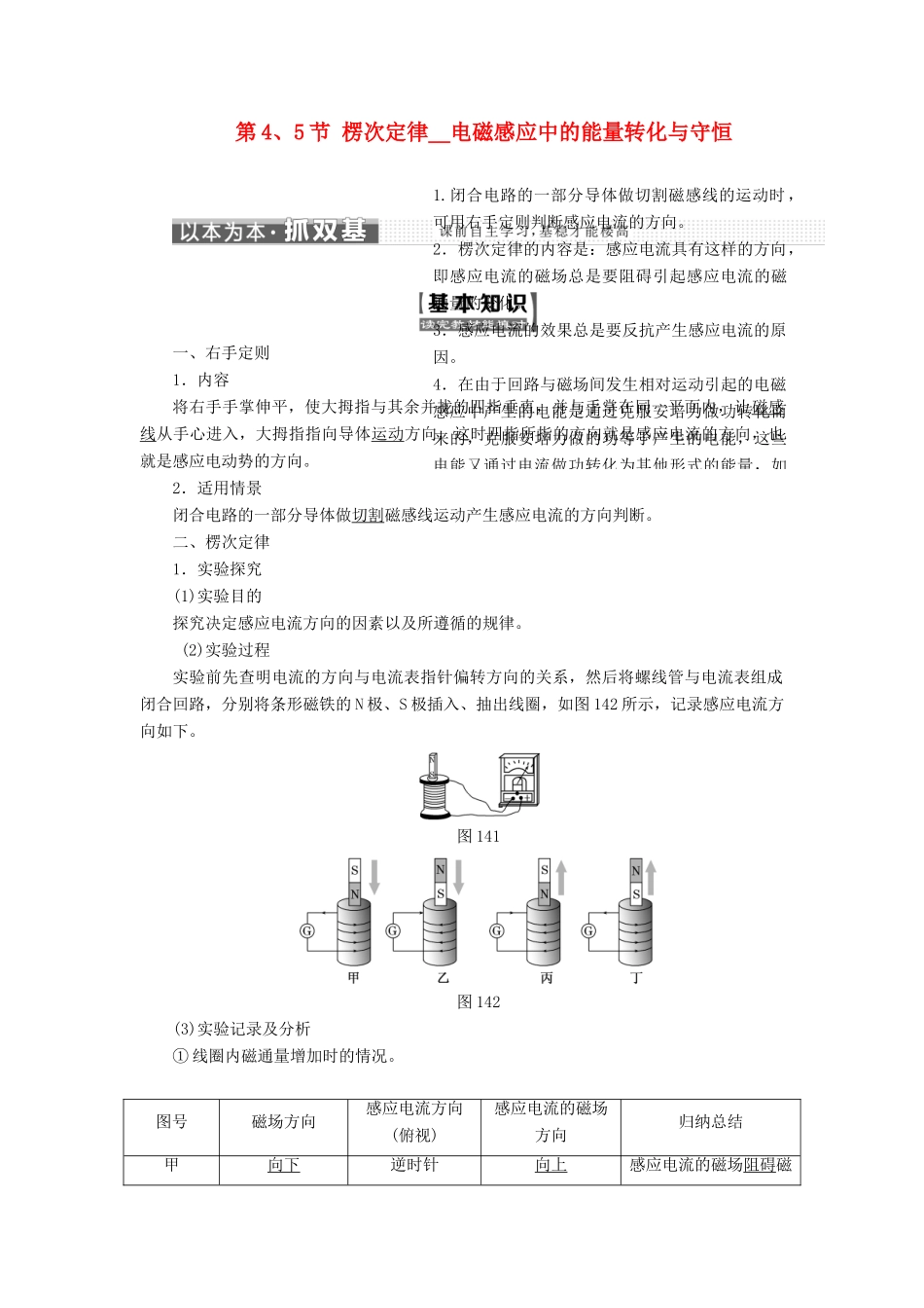 高中物理 第一章 电磁感应 第4、5节 楞次定律 电磁感应中的能量转化与守恒教学案 教科版选修3-2-教科版高二选修3-2物理教学案_第1页
