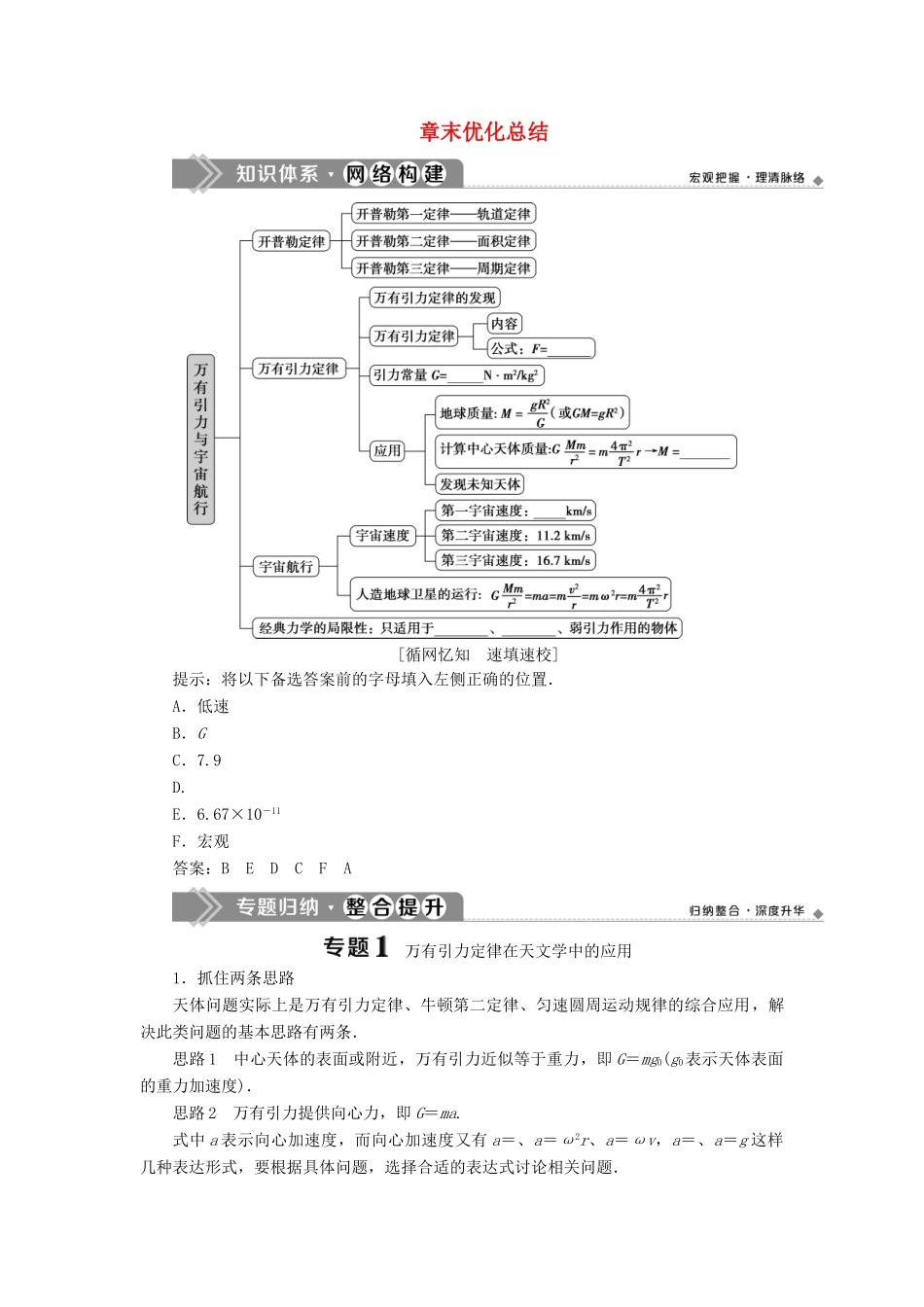 高中物理 第七章 万有引力与宇宙航行 章末优化总结学案 新人教版必修第二册-新人教版高一第二册物理学案_第1页