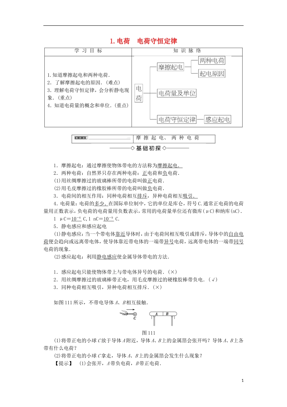 高中物理 第一章 静电场 1 电荷 电荷守恒定律学案 教科版选修3-1-教科版高二选修3-1物理学案_第1页