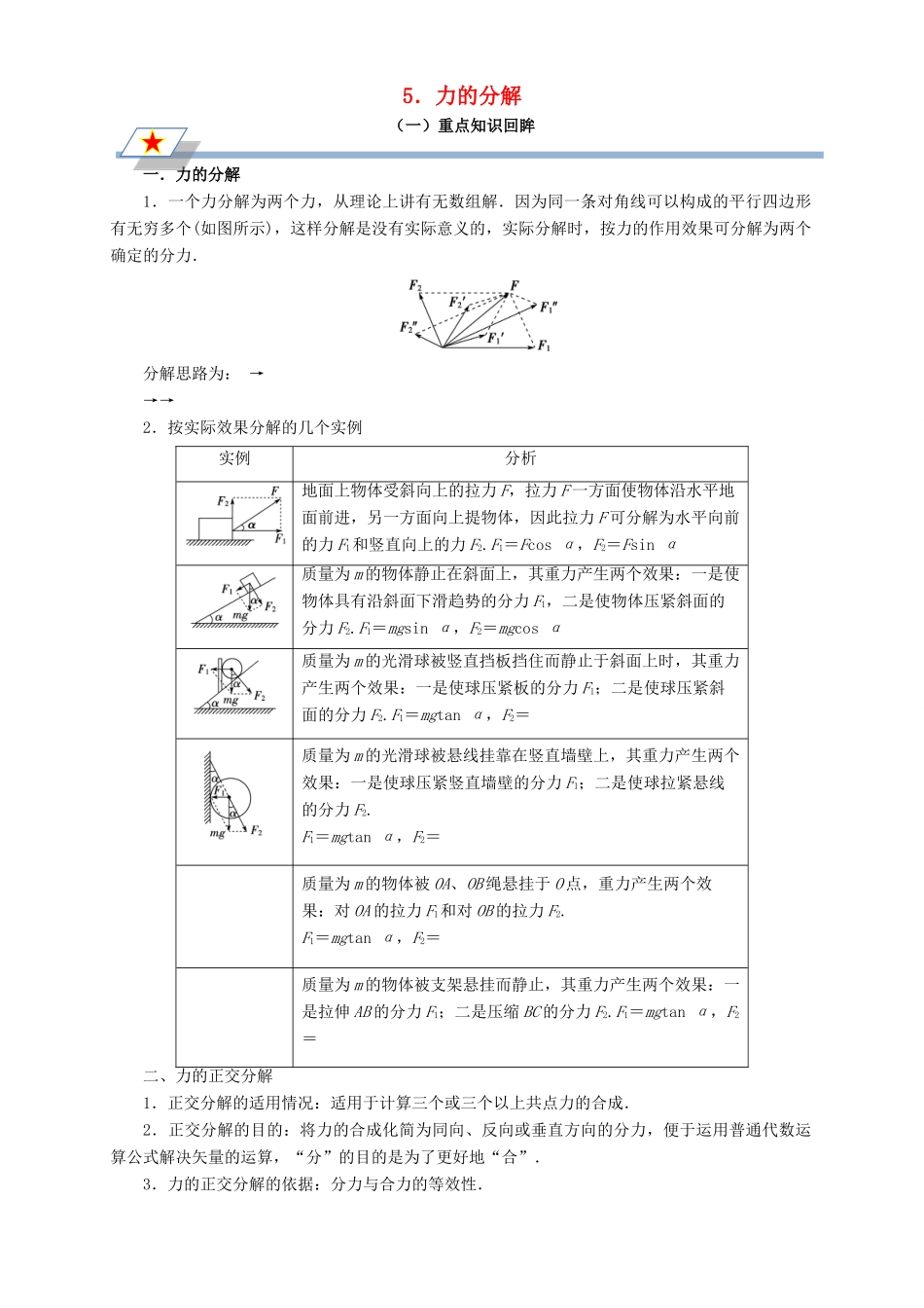 高中物理 第三章 相互作用 专题3.5 力的分解重点回眸学案 新人教版必修1-新人教版高一必修1物理学案_第1页