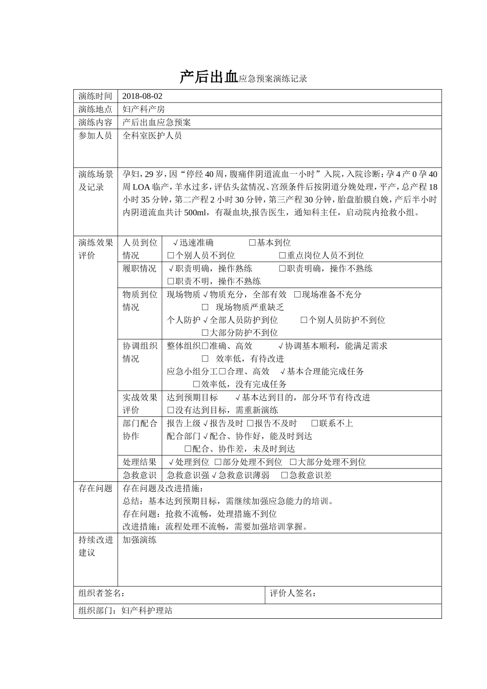 产后出血应急预案演练记录_第1页