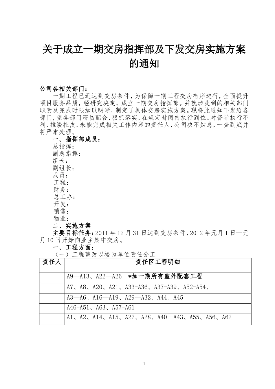 关于成立一期交房指挥部及下发交房实施方案的通知_第1页