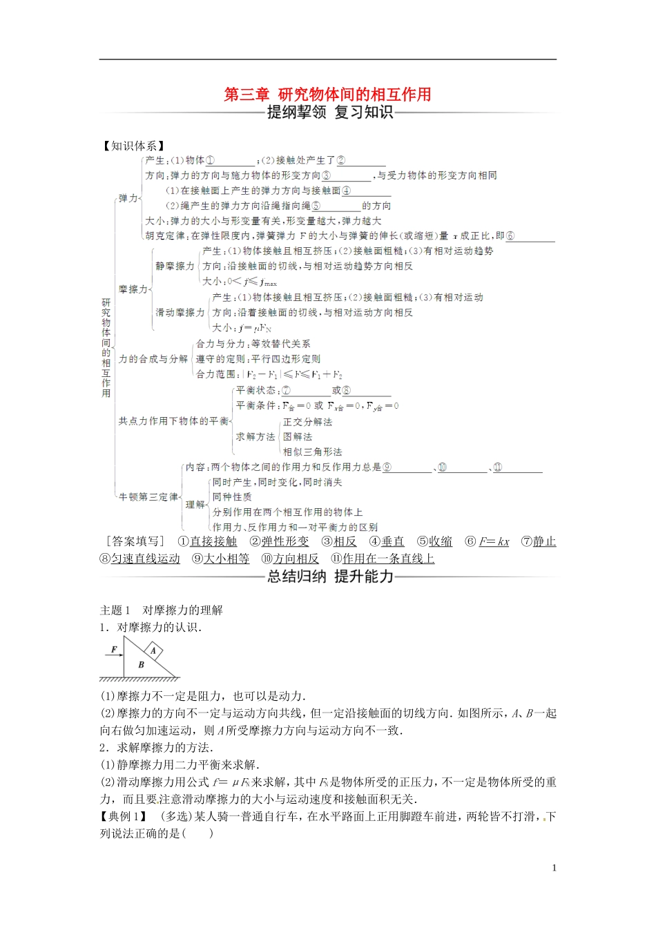 高中物理 第三章 研究物体间的相互作用章末复习课 粤教版必修1-粤教版高一必修1物理学案_第1页