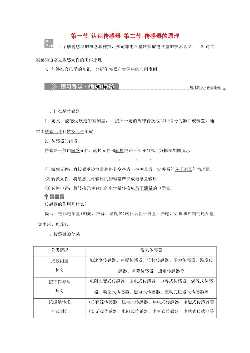 高中物理 第三章 传感器 第一节 认识传感器 第二节 传感器的原理学案 粤教版选修3-2-粤教版高中选修3-2物理学案_第1页