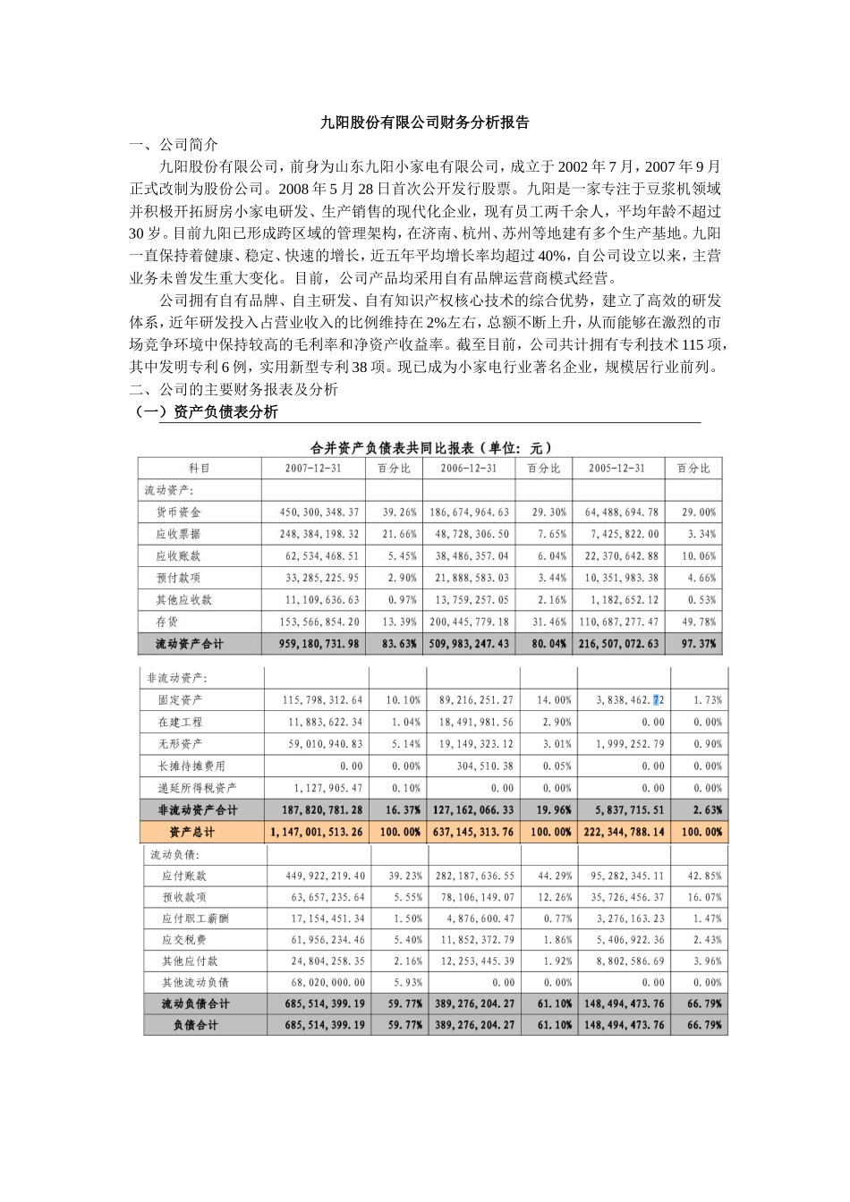 九阳股份有限公司财务分析报告_第1页