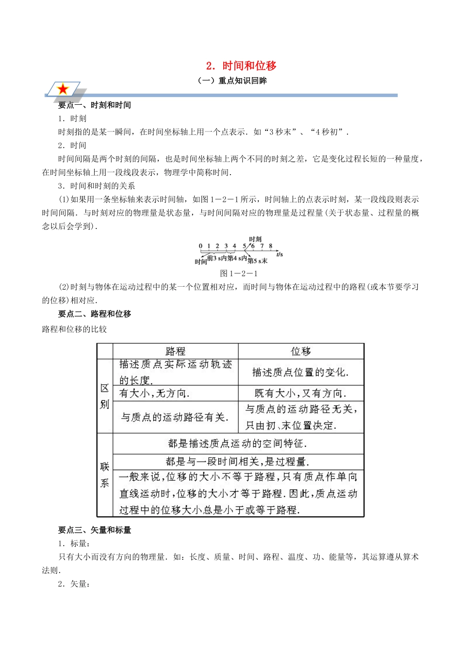 高中物理 第一章 运动的描述 专题1.2 时间和位移重点回眸学案 新人教版必修1-新人教版高一必修1物理学案_第1页