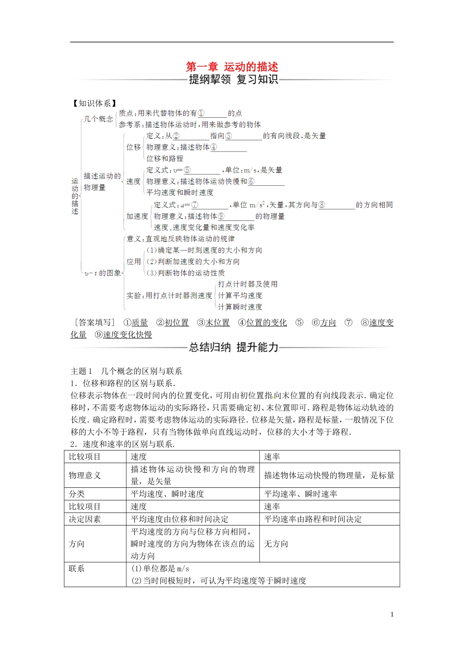 高中物理 第一章 运动的描述章末复习课 粤教版必修1-粤教版高一必修1物理学案_第1页