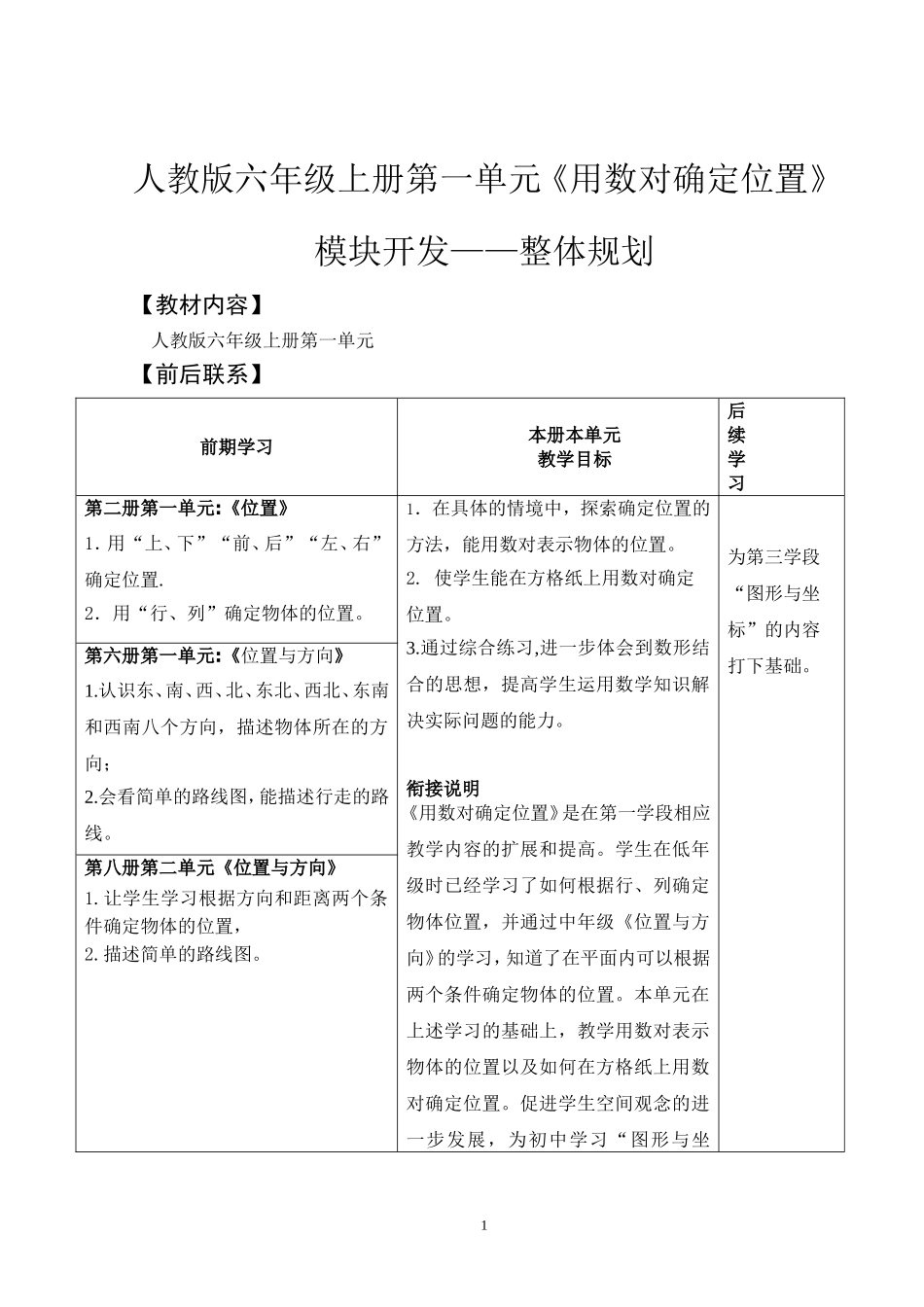 人教版六年级上册第一单元《用数对确定位置》模块开发——整体规划_第1页