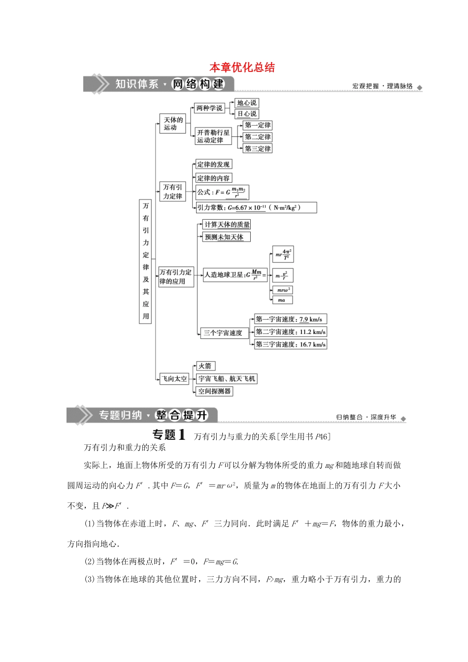 高中物理 第三章 万有引力定律及其应用 优化总结学案 粤教版必修2-粤教版高中必修2物理学案_第1页