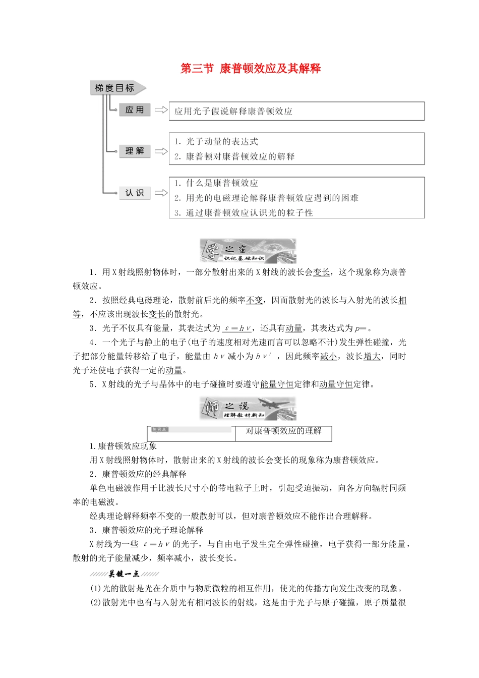 高中物理 第二章 波粒二象性 第三节 康普顿效应及其解释教学案 粤教版选修3-5-粤教版高二选修3-5物理教学案_第1页