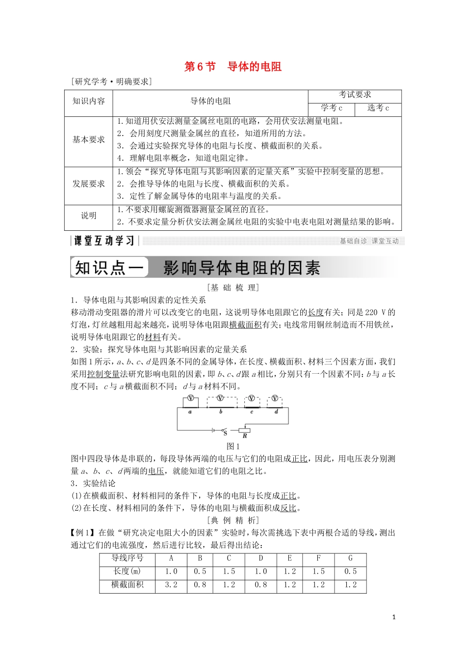 高中物理 第二章 恒定电流 2-6 导体的电阻学案 新人教版选修3-1-新人教版高二选修3-1物理学案_第1页