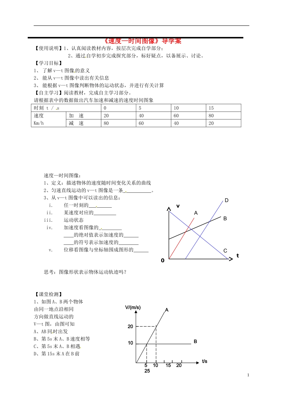 高中物理 第二章 第2节《速度—时间图像》学案 新人教版必修1-新人教版高一必修1物理学案_第1页