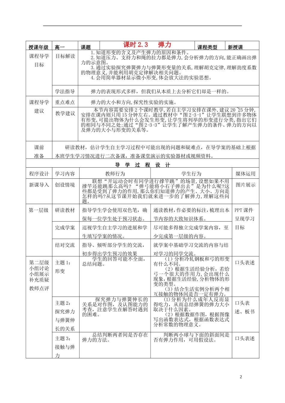 高中物理 第二章 第3节《弹力》导学案 教科版必修1-教科版高一必修1物理学案_第2页