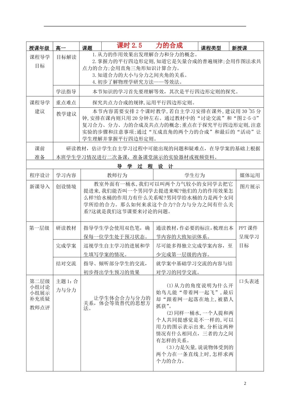 高中物理 第二章 第5节《力的合成》导学案 教科版必修1-教科版高一必修1物理学案_第2页