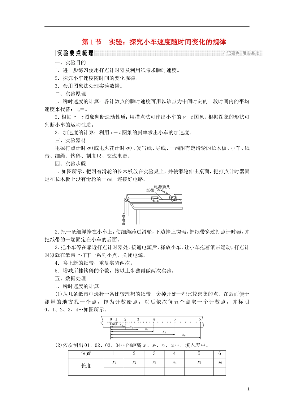 高中物理 第二章 匀变速直线运动的研究 2.1 实验：探究小车速度随时间变化的规律学案 新人教版必修1-新人教版高一必修1物理学案_第1页