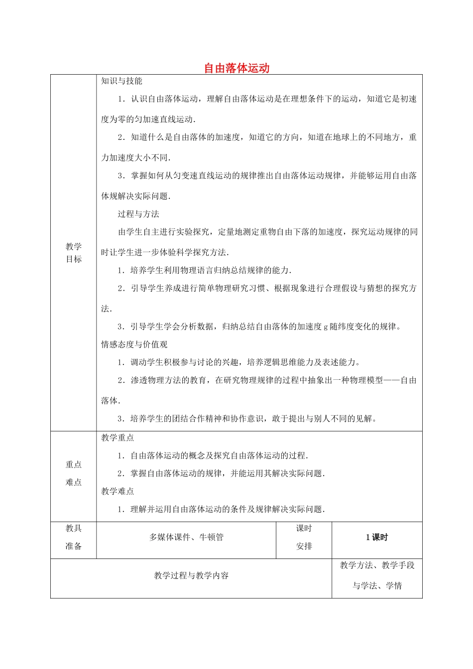 高中物理 第二章 匀变速直线运动的研究 2.5 自由落体运动第一课时教案 新人教版必修1-新人教版高一必修1物理教案_第1页