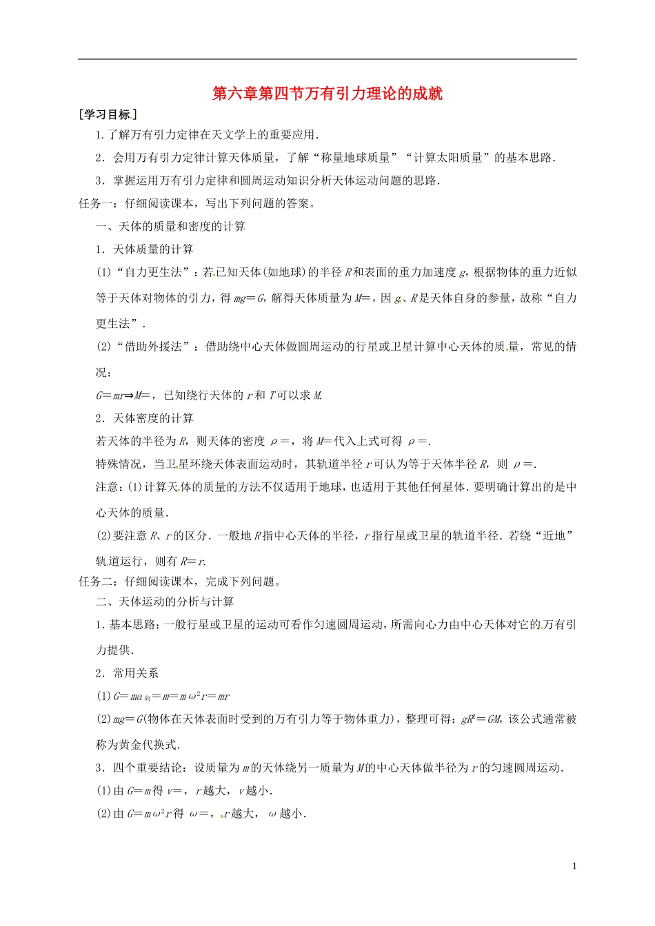 高中物理 第六章 万有引力与航天 6.4 万有引力理论的成就导学案 新人教版必修2-新人教版高一必修2物理学案_第1页