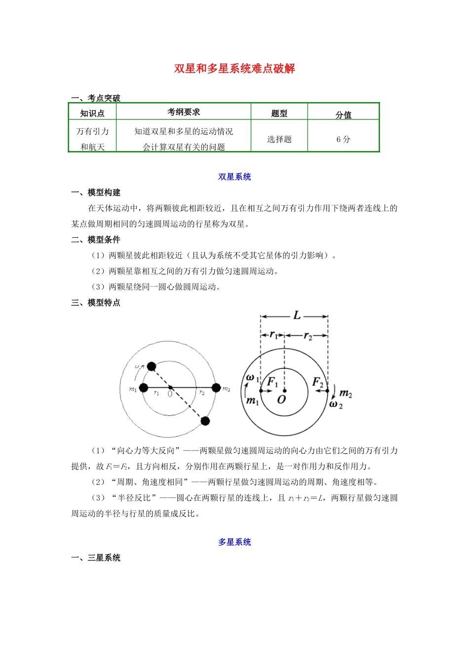 高中物理 第六章 万有引力与航天 9 双星和多星系统难点破解学案 新人教版必修2-新人教版高一必修2物理学案_第1页