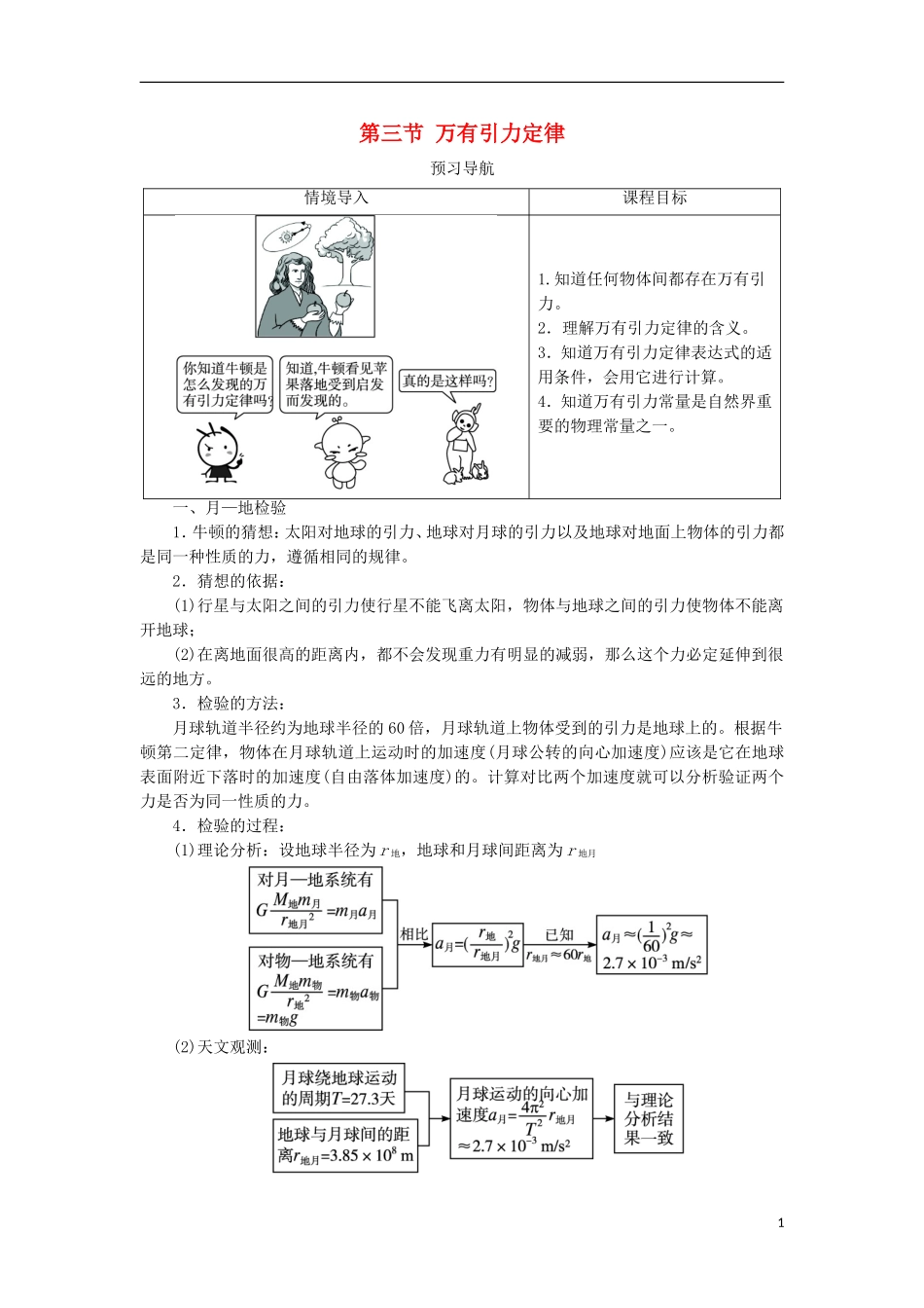 高中物理 第六章 万有引力与航天 第三节 万有引力定律预习导航学案 新人教版必修2-新人教版高一必修2物理学案_第1页