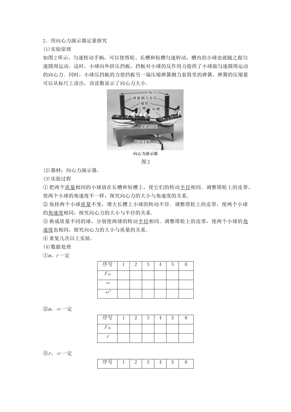 高中物理 第二章 圆周运动 第二节 第1课时 实验：探究向心力大小与半径、角速度、质量的关系学案 粤教版必修2-粤教版高一必修2物理学案_第2页
