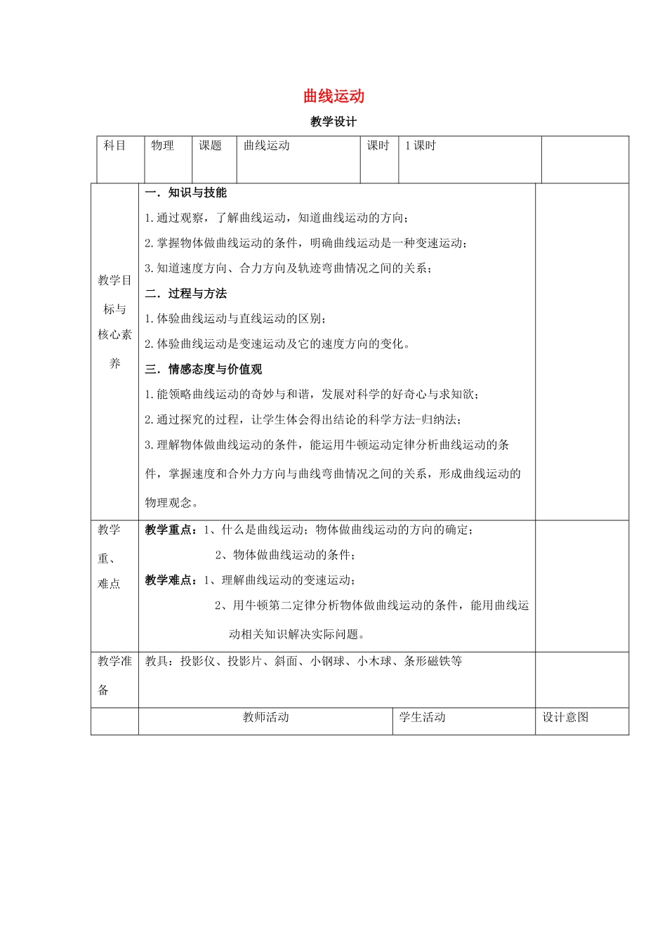高中物理 第五章 抛体运动 第一节 曲线运动教案 新人教版必修第二册-新人教版高中第二册物理教案_第1页