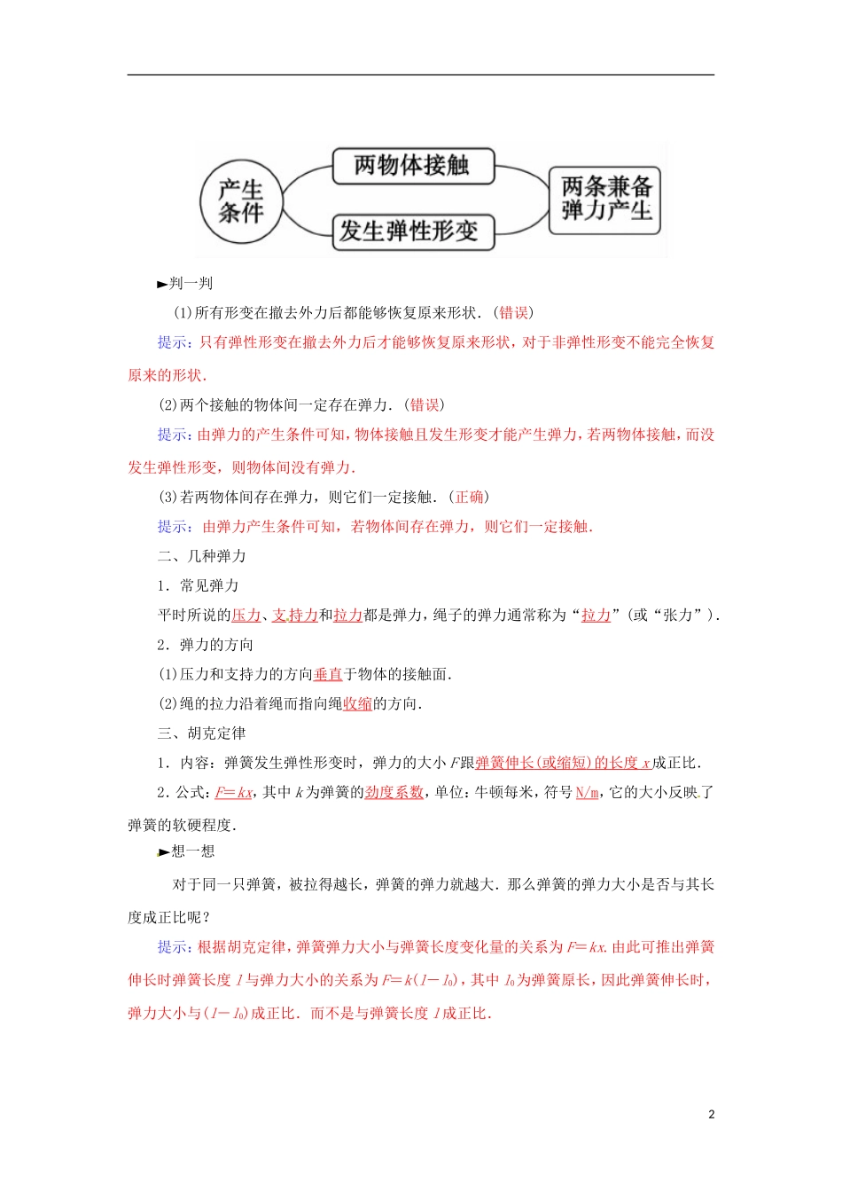 高中物理 第三章 第二课时 弹力学案 新人教版必修1-新人教版高一必修1物理学案_第2页