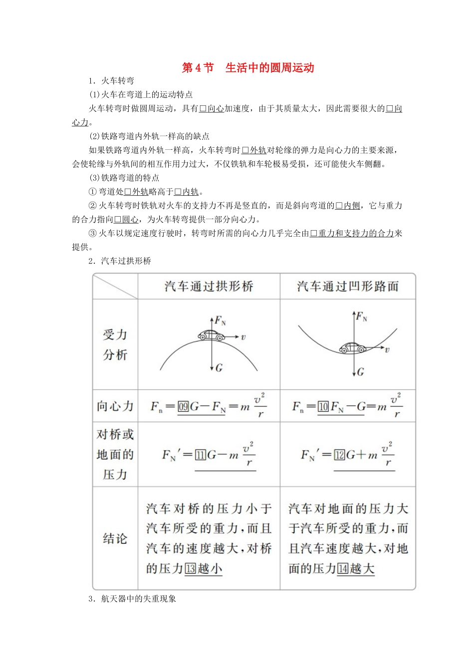 高中物理 第六章 圆周运动 第4节 生活中的圆周运动教案习题（含解析）新人教版必修2-新人教版高中必修2物理教案_第1页