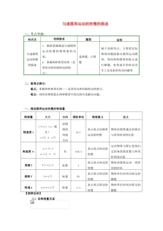 高中物理 第二章 匀速圆周运动 第1节 圆周运动 匀速圆周运动快慢的描述学案 教科版必修2-教科版高一必修2物理学案