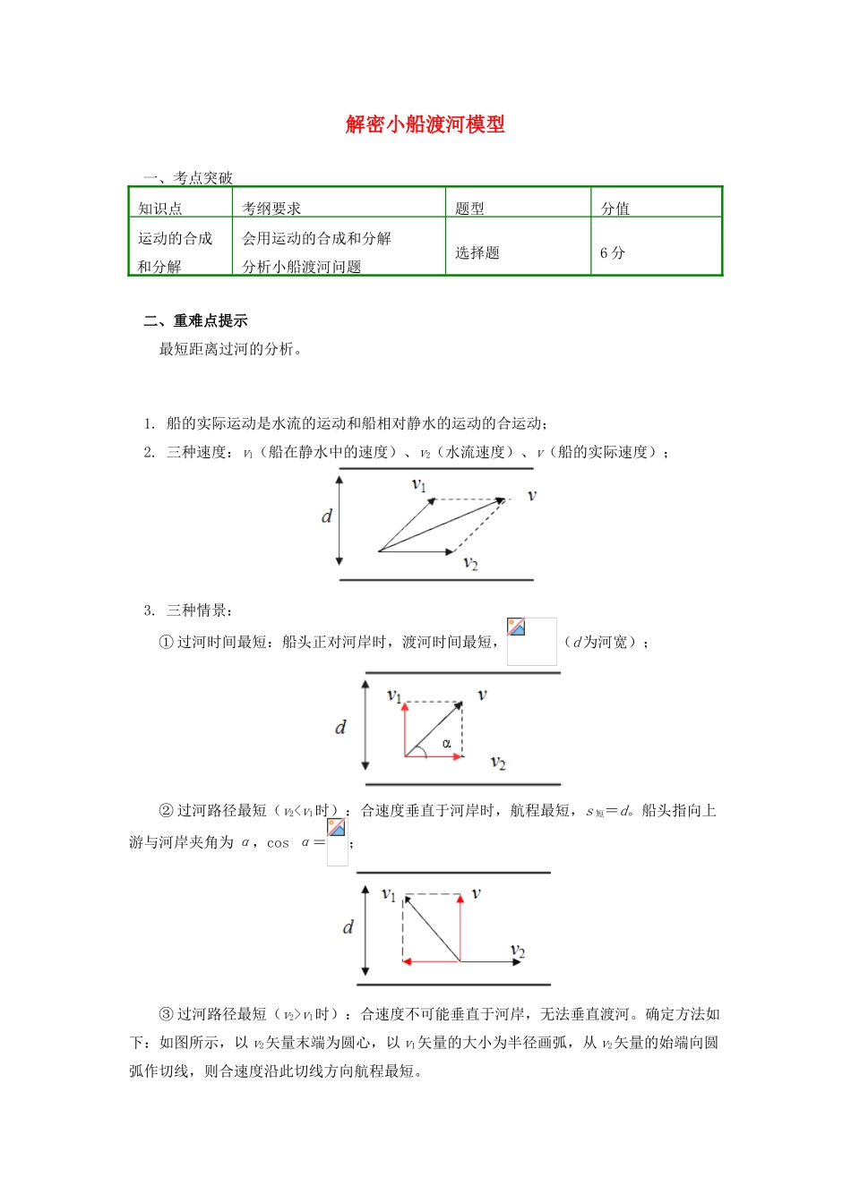 高中物理 第五章 曲线运动 第2节 解密小船渡河模型学案 新人教版必修2-新人教版高一必修2物理学案_第1页