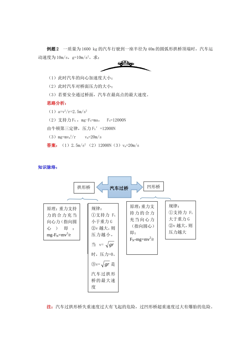 高中物理 第二章 匀速圆周运动 第3节 圆周运动的实例分析 2 汽车过桥（过山车）中动力学问题学案 教科版必修2-教科版高一必修2物理学案_第3页