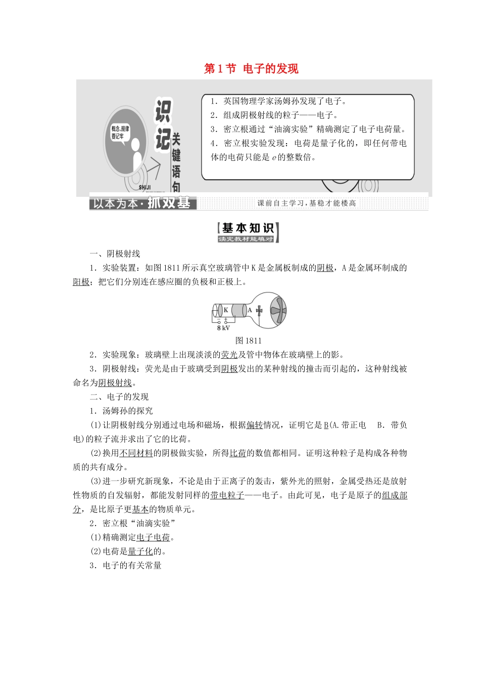 高中物理 第十八章 原子结构 第1节 电子的发现教学案 新人教版选修3-5-新人教版高二选修3-5物理教学案_第1页