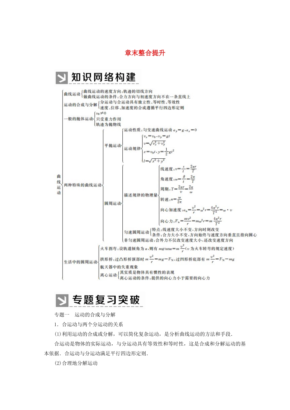 高中物理 第五章 曲线运动 章末整合提升学案 新人教版必修2-新人教版高一必修2物理学案_第1页