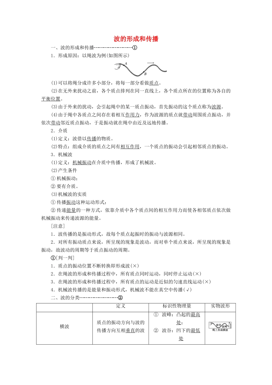 高中物理 第十二章 第1节 波的形成和传播讲义（含解析）新人教版选修3-4-新人教版高中选修3-4物理教案_第1页