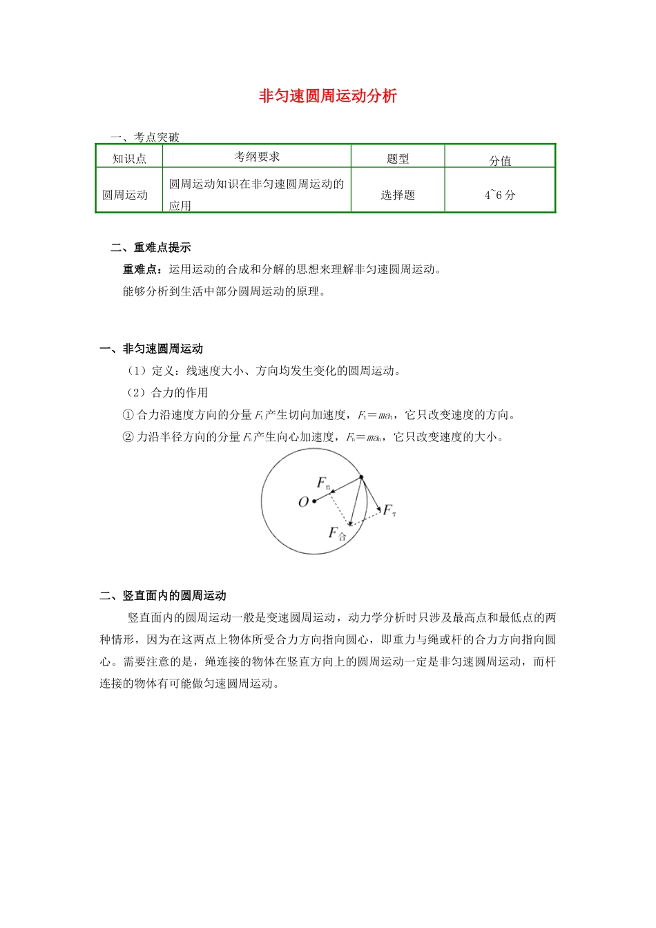 高中物理 第五章 曲线运动 第9节 非匀速圆周运动分析学案 新人教版必修2-新人教版高一必修2物理学案_第1页