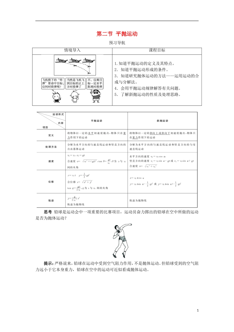 高中物理 第五章 曲线运动 第二节 平抛运动预习导航学案 新人教版必修2-新人教版高一必修2物理学案_第1页