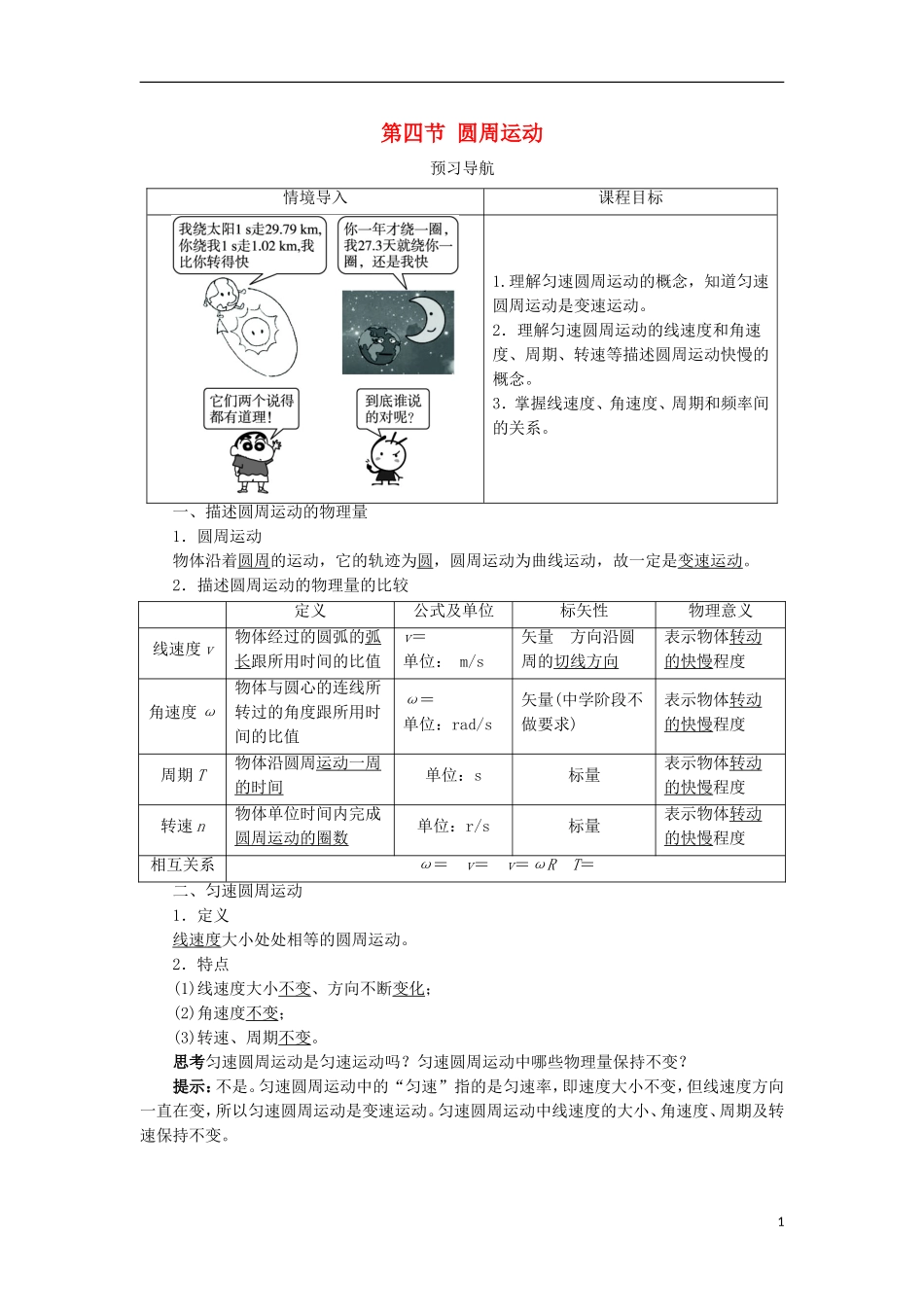 高中物理 第五章 曲线运动 第四节 圆周运动预习导航学案 新人教版必修2-新人教版高一必修2物理学案_第1页