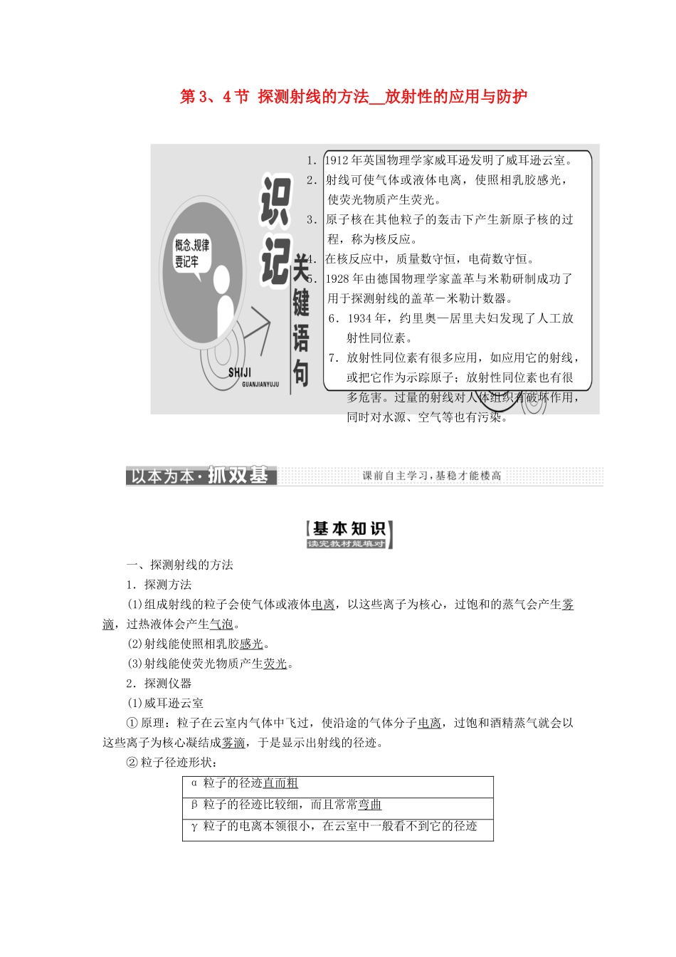 高中物理 第十九章 原子核 第3、4节 探测射线的方法 放射性的应用与防护教学案 新人教版选修3-5-新人教版高二选修3-5物理教学案_第1页