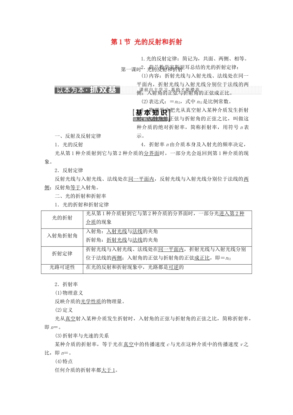 高中物理 第十三章 光 第1节 光的反射和折射教学案 新人教版选修3-4-新人教版高二选修3-4物理教学案_第1页