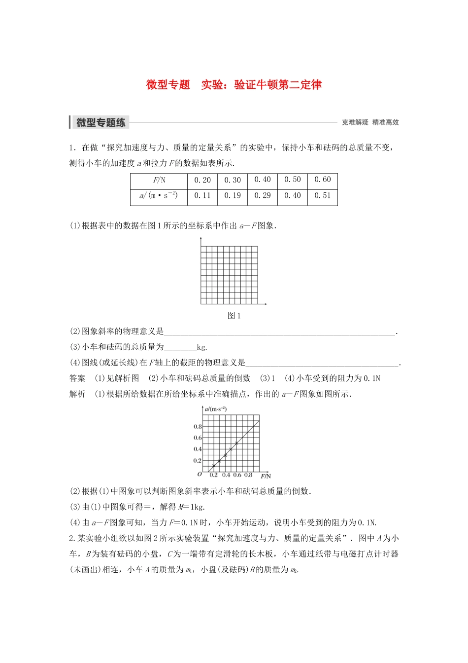 高中物理 第四章 力与运动 微型专题 实验：验证牛顿第二定律学案 粤教版必修1-粤教版高中必修1物理学案_第1页