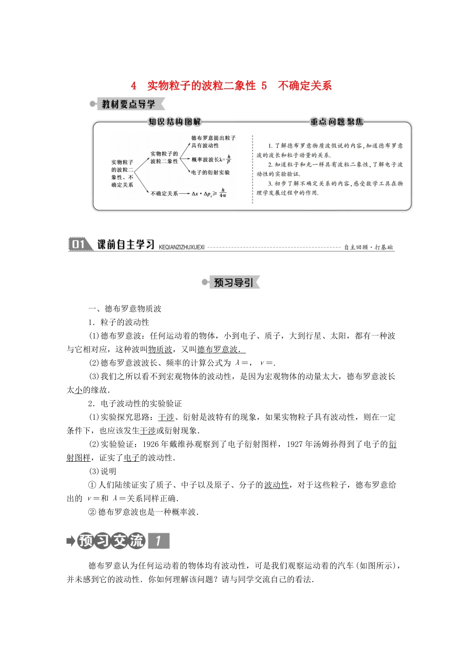 高中物理 第四章 波粒二象性 4、5 实物粒子的波粒二象性 不确定关系教案 教科版选修3-5-教科版高中选修3-5物理教案_第1页