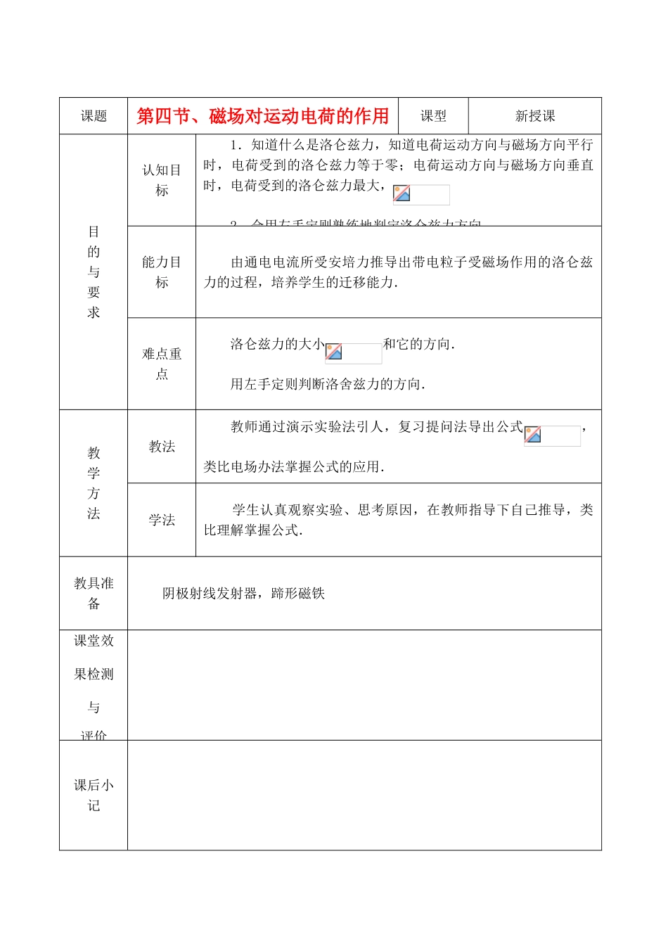 高中物理《磁场对运动电荷的作用》教案12 新人教版选修3-1_第1页